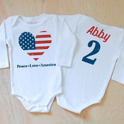 Personalized Peace Love America Patriotic Heart Baby Onesie