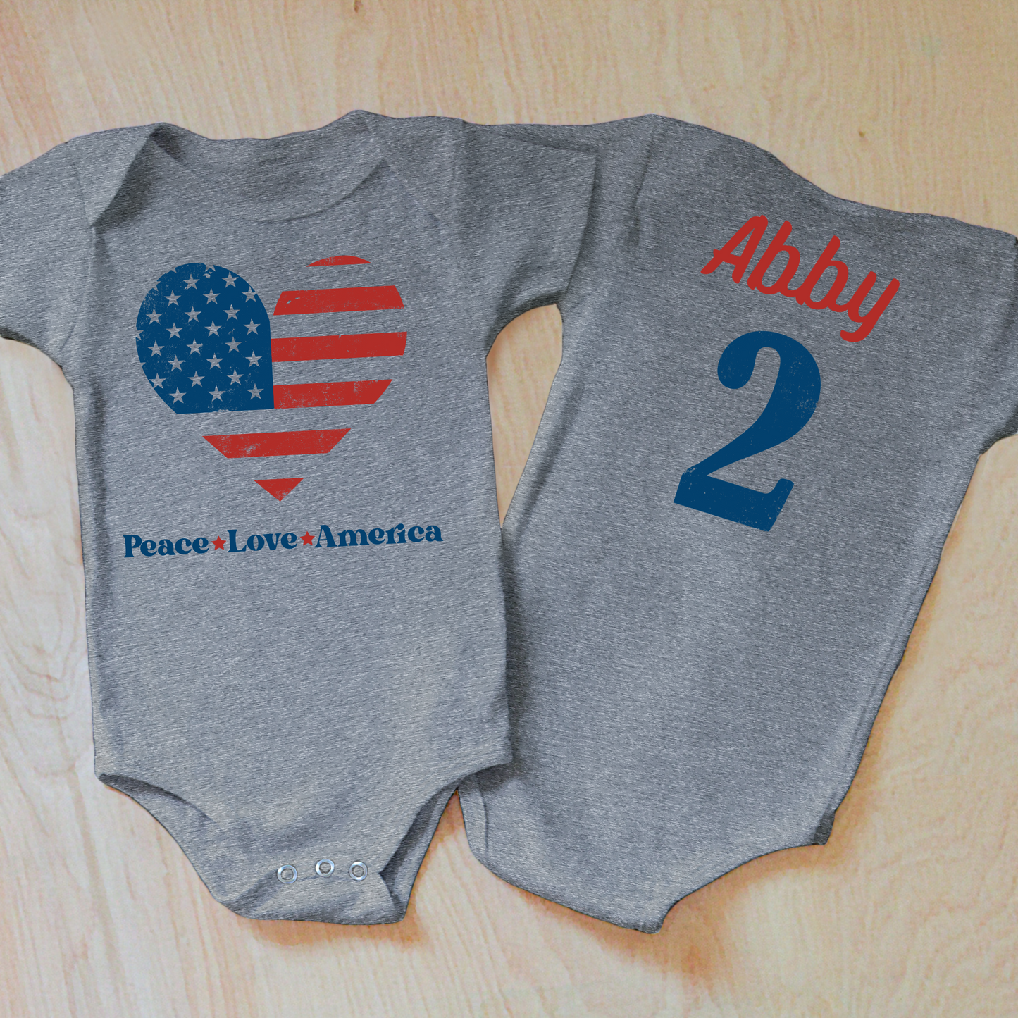 Personalized Peace Love America Patriotic Heart Baby Onesie