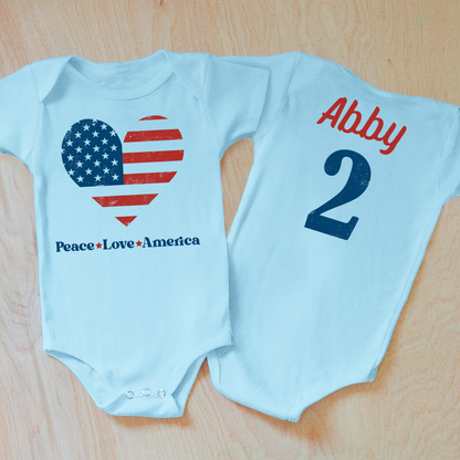 Personalized Peace Love America Patriotic Heart Baby Onesie