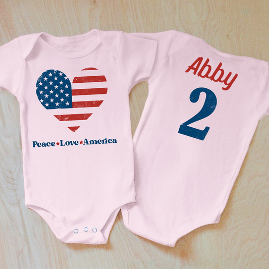 Personalized Peace Love America Patriotic Heart Baby Onesie