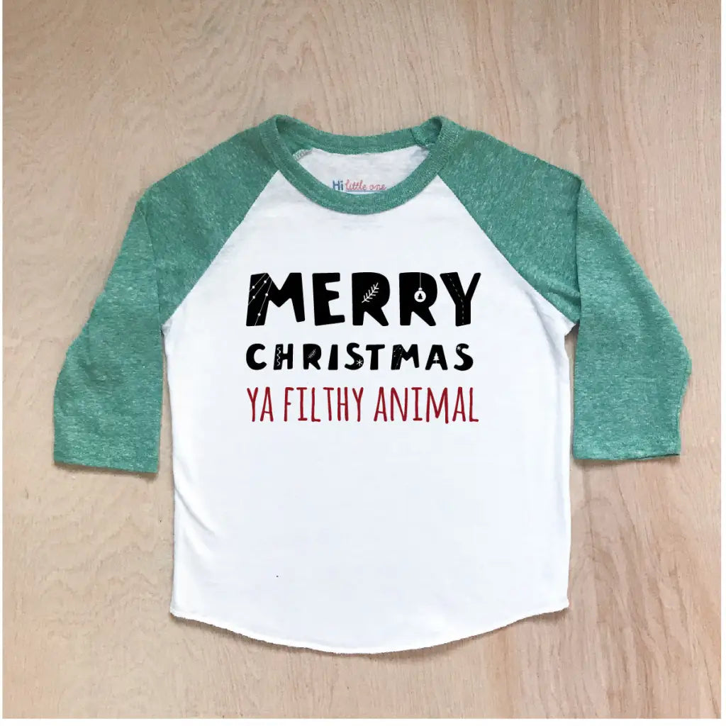 Merry Christmas (Ya Filthy Animal) Raglan at Hi Little One