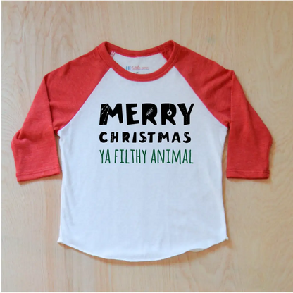 Merry Christmas (Ya Filthy Animal) Raglan at Hi Little One